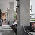 Elegant Restaurant Interior With Wooden Wall Shelves Large Windows Round Pendant Lights And Dining Tables
