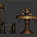 Vintage Wooden Chair And Round Table Setup With Teapot Teacup And Metal Accents