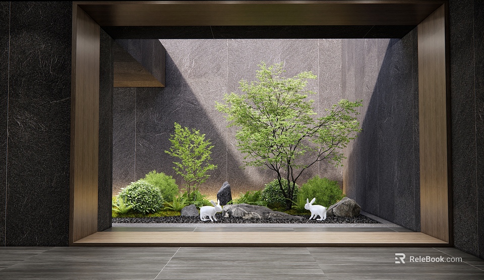 Tranquil Indoor Landscape With Green Trees Lush Green Plants Stones And White Rabbits 3d model 