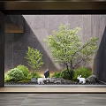 Tranquil Indoor Landscape With Green Trees Lush Green Plants Stones And White Rabbits