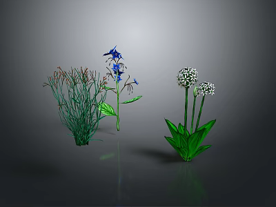 Decorative Bonsai Potted Plants With Green Grass Blue Flowers And White Blooms For Indoor Decoration 3d model