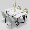 Modern Dining Table Set With Blue Gray Beige Chairs Vase Decor And Tableware 3d model