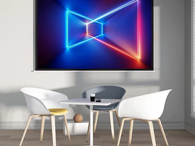 Modern Living Room Interior With Large Screen Neon Geometric Pattern White Table And Chairs 3d model