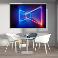 Modern Living Room Interior With Large Screen Neon Geometric Pattern White Table And Chairs