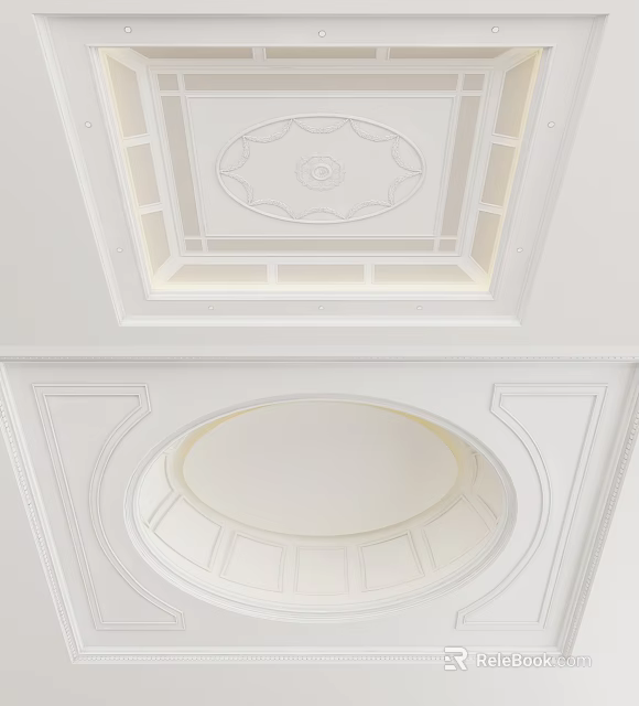 White Decorative Ceiling With Plaster Moldings Circular Design And Recessed Lighting 3d model