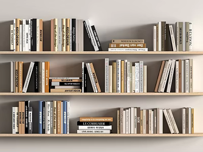 Various Books and Magazines Displayed on Wooden Shelves with Organized Arrangement 3d model
