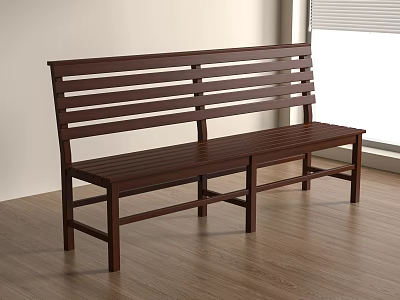 Brown Wooden Public Bench In Indoor Area With Wooden Floor And Window 3d model