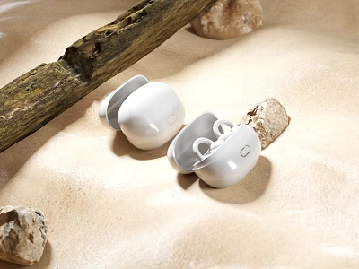 White Wireless Earbuds On Sandy Ground With Wooden Branch And Stones 3d model