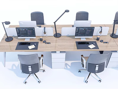 Modern Office Desk Setup With Computer Monitors Desk Lamps And Ergonomic Chairs 3d model