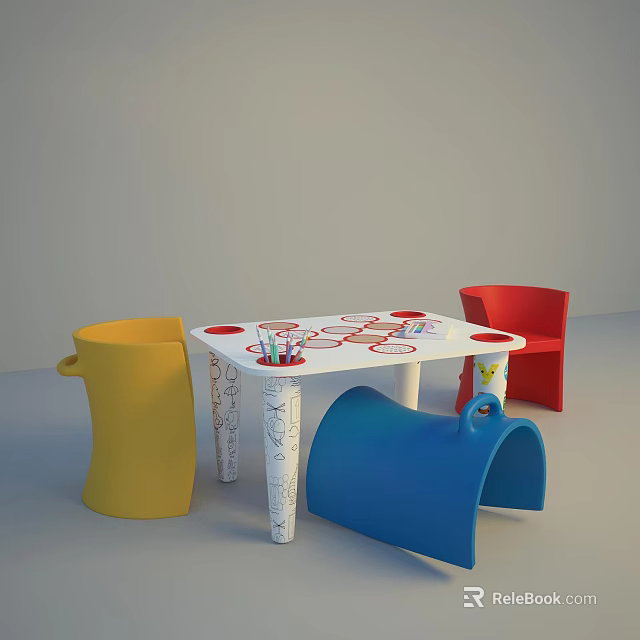 Colorful Kids Activity Table with Red Chair Yellow Storage Bins and Pencils 3d model 