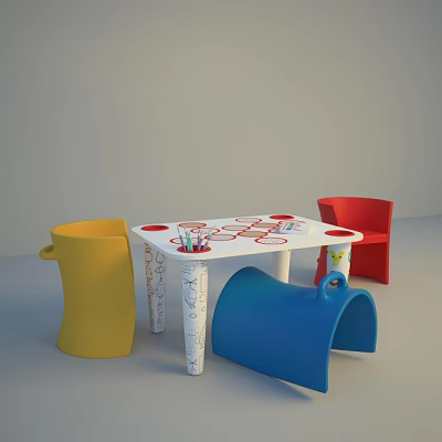 Colorful Kids Activity Table with Red Chair Yellow Storage Bins and Pencils 3d model