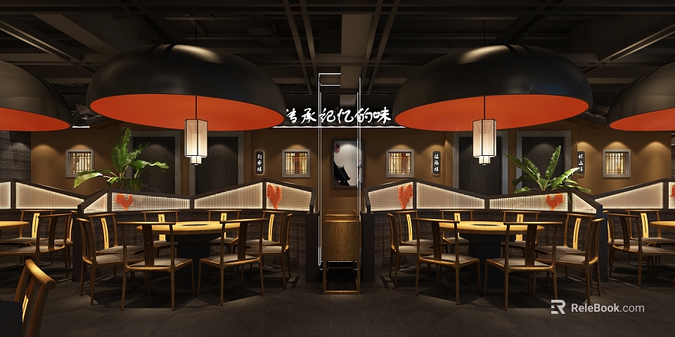 Traditional Chinese Hotpot Restaurant Interior With Wooden Tables Red Black Pendant Lights And Partition Screens 3d model 