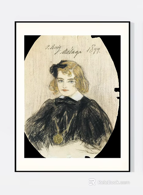 Vintage Female Portrait Painting With Blonde Curls Dark Clothing And Gold Pendant 1879 3d model 