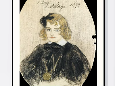 Vintage Female Portrait Painting With Blonde Curls Dark Clothing And Gold Pendant 1879 3d model
