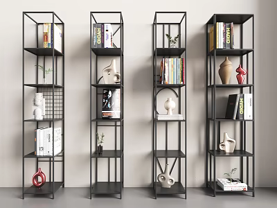 Modern Black Metal Shelving Units With Books Decorations And Green Plants 3d model