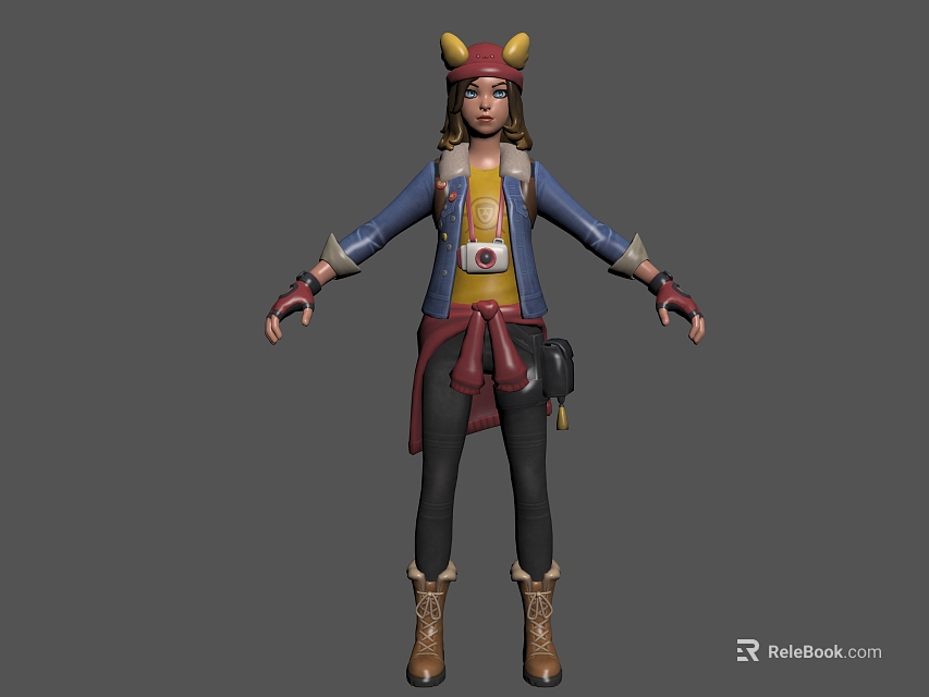 Game Movie Character With Yellow Horned Headwear Blue Jacket Red Scarf And Waist Pouch 3d model 