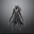 Fantasy Armored Warrior With White Hair Horned Helmet And Dual Scimitars