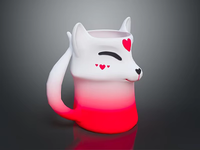 Cute Cat Shaped Mug With Gradient Color And Heart Patterns On Tail Handle 3d model