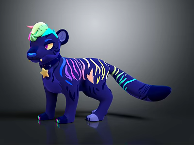 Vibrant Fantasy Creature With Blue Body Neon Stripes Green Head Yellow Eyes And Star Collar 3d model