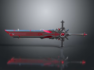 3D Rendered Red And Silver Sword With Ornate Spiked Design And Gemstone Core 3d model