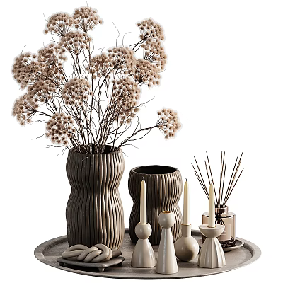Elegant Decorative Ornament Set With Dried Flowers In Vases Candles And Diffuser Bottles 3d model
