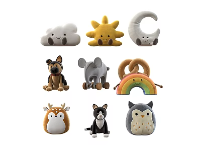 Cute Plush Stuffed Toys Featuring Cloud Sun Moon Dog Elephant Rainbow and Animal Designs 3d model