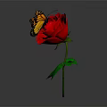 Monarch Butterfly Perched On Vibrant Red Rose With Green Leaves And Stem