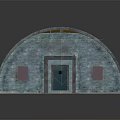 Arched Building Interior With Metal Frames Blue Walls Red Windows Green Door And Concrete Floor