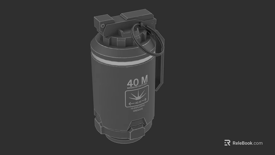 Gray Cylindrical Stun Grenade Weapon With 40 M Marking And Pull Ring Design 3d model 