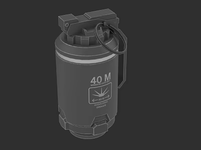 Gray Cylindrical Stun Grenade Weapon With 40 M Marking And Pull Ring Design 3d model