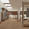 Modern Clothing Store Interior With Display Racks Apparel Herringbone Floor And Recessed Lights
