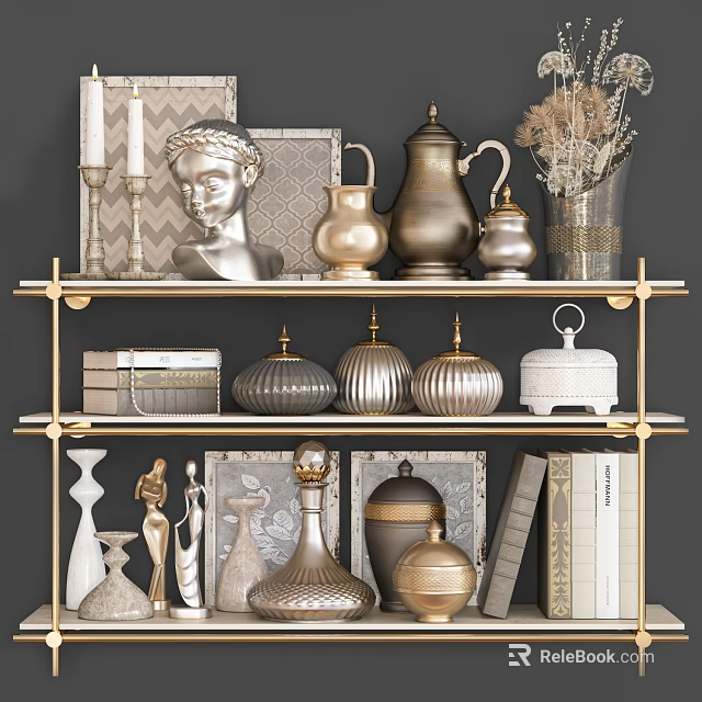 Elegant Metallic Decorative Ornament Set On Shelf With Sculpture Frames Vases And Books 3d model 