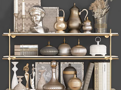 Elegant Metallic Decorative Ornament Set On Shelf With Sculpture Frames Vases And Books 3d model