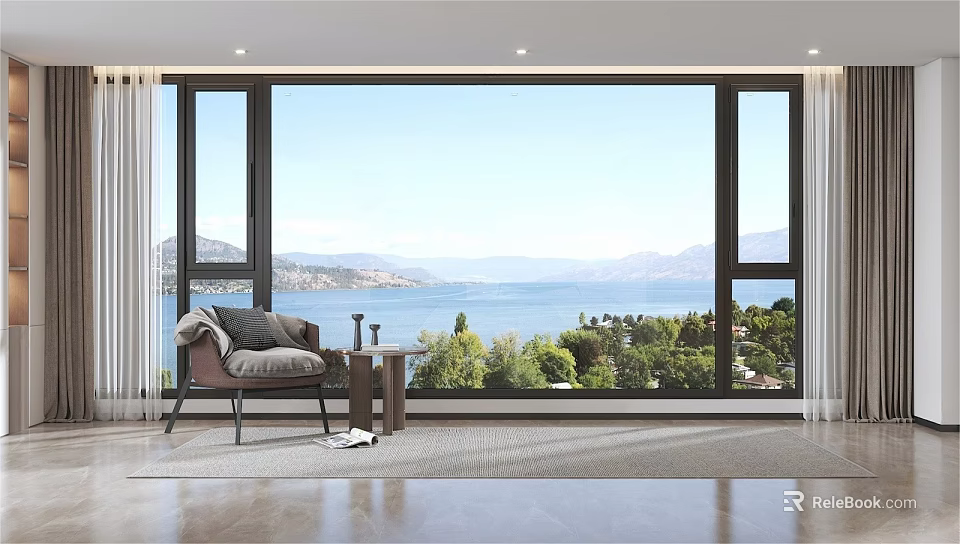 Floor-to-Ceiling Windows in Living Room With Stunning Lake View Distant Mountains and Lush Green Trees 3d model 