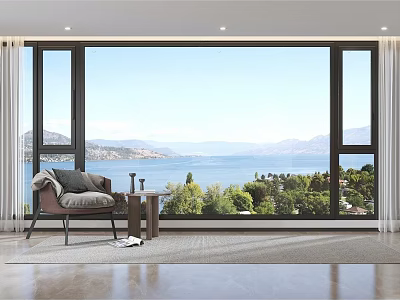 Floor-to-Ceiling Windows in Living Room With Stunning Lake View Distant Mountains and Lush Green Trees 3d model
