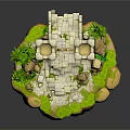 Golden Entrance Gate With Stone Towers Green Plants And Stone Pathway On Rocky Grass