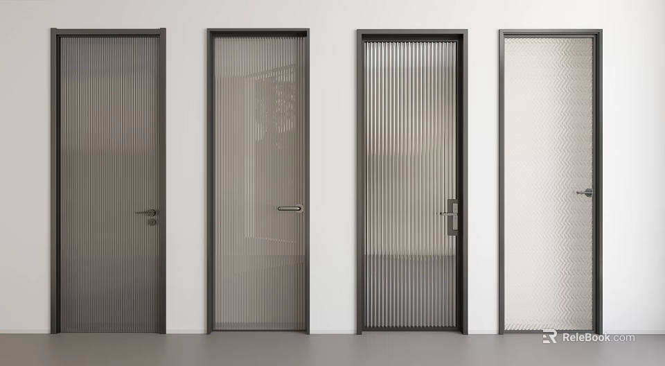 Modern Hinged Doors Featuring Striped And Mesh Glass With Black Frames 3d model