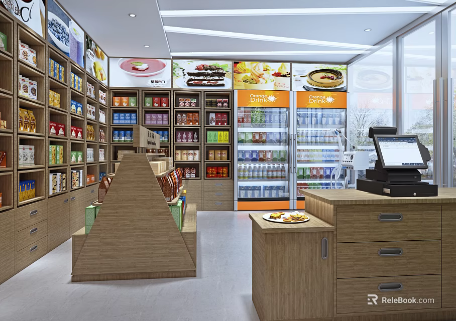 Spacious Modern Supermarket Interior With Grocery Shelves Beverage Fridges And Checkout Counter 3d model 