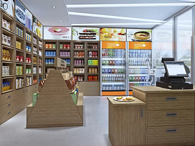 Spacious Modern Supermarket Interior With Grocery Shelves Beverage Fridges And Checkout Counter 3d model
