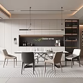 Modern Restaurant Open Kitchen With Dining Table Mixed Chairs Pendant Lights And Geometric Artwork