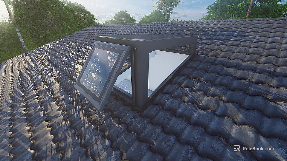 Detached House Roof With Open Skylight And Tile Surface Surrounded By Trees 3d model 