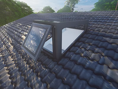 Detached House Roof With Open Skylight And Tile Surface Surrounded By Trees 3d model