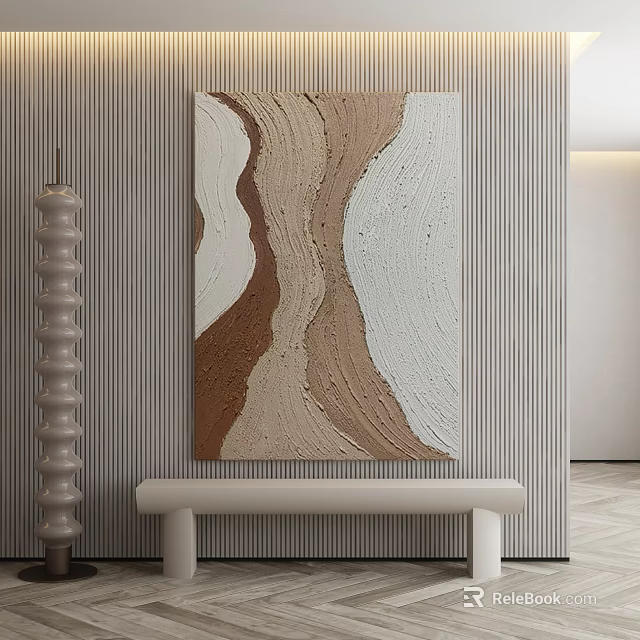 Abstract Brown And White Wavy Texture Painting In Modern Interior With Decorative Column And Bench 3d model 