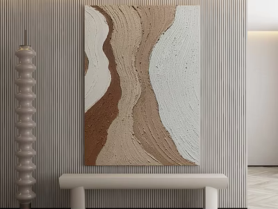 Abstract Brown And White Wavy Texture Painting In Modern Interior With Decorative Column And Bench 3d model