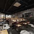 Modern Restaurant Interior With Spacious Dining Area Large Windows Wooden Tables And Hanging Lamps