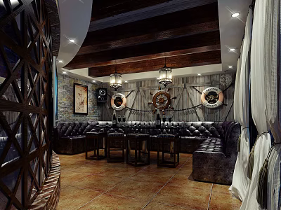 Stylish KTV Room Interior With Black Leather Sofas Wooden Ceiling And Chandeliers 3d model