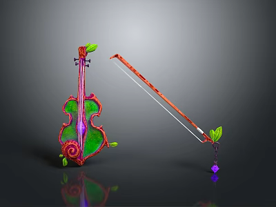 Colorful Violin Shaped Daily Living Accessory with Bow Green Leaf and Vibrant Design 3d model