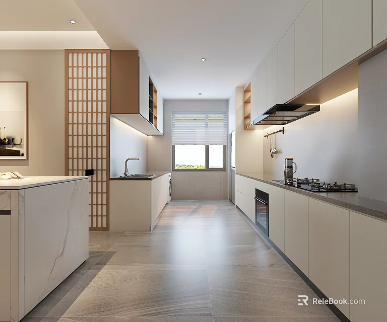 Modern Open Kitchen Interior With White Cabinets Island Counter And Natural Light 3d model 