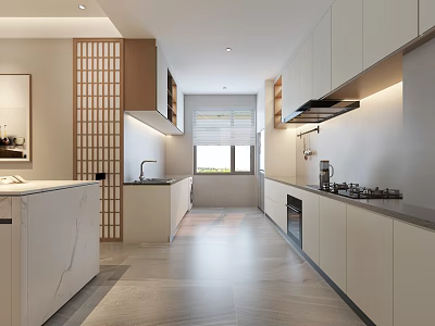 Modern Open Kitchen Interior With White Cabinets Island Counter And Natural Light 3d model