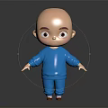Cute 3D Cartoon Character With Bald Head In Blue Outfit Standing On Black Background
